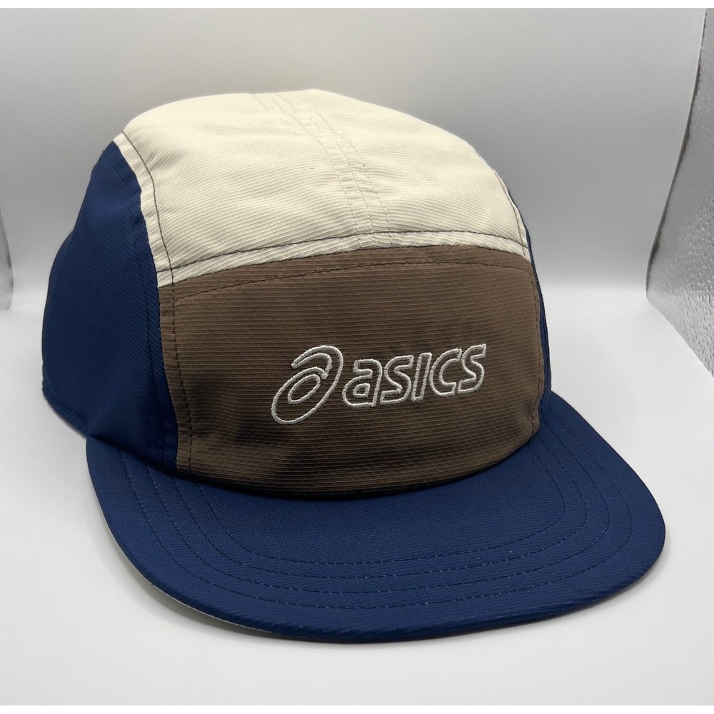 Asics 5-Panel Running Hat Navy Blue Tan Cream Colorblock Logo 3013B004 One Size